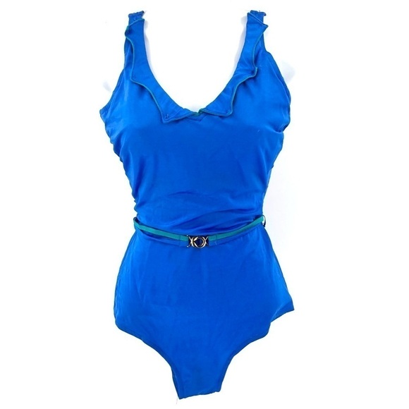 Vintage 80’s Ebb Tide One Piece Swimsuit Belted Bathing Suit Blue Pinup L / 16 - Picture 1 of 11